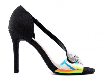 Melnas stiletto sandales ar cirkoniem hologrāfiskā krāsā - 2