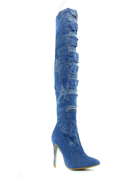 Bottes bleu denim à talon aiguille avec trous - 2