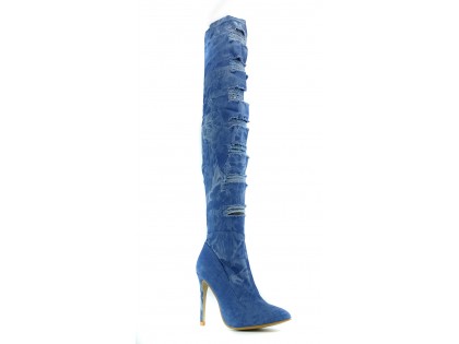Denim blue stiletto knee-high boots with holes - 2