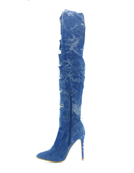 Cizme stiletto cu găuri la genunchi, de culoare albastru denim - 3