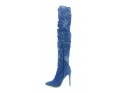 Denim blue stiletto knee-high boots with holes - 3