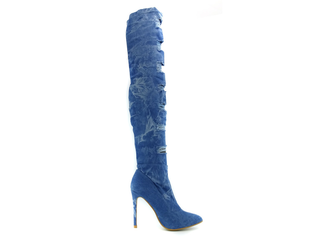 Džinsa zili stiletto augstpapēžu zābaki ar caurumiem - 1