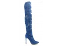 Denim blue stiletto knee-high boots with holes - 1