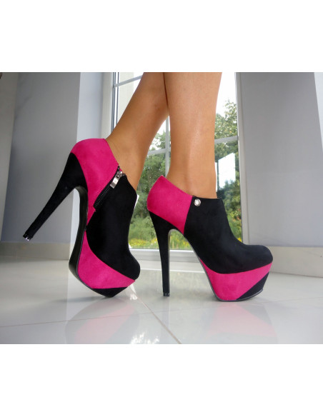 SZPILKI BOTKI CZARNO RÓŻOWE ZAMSZOWE