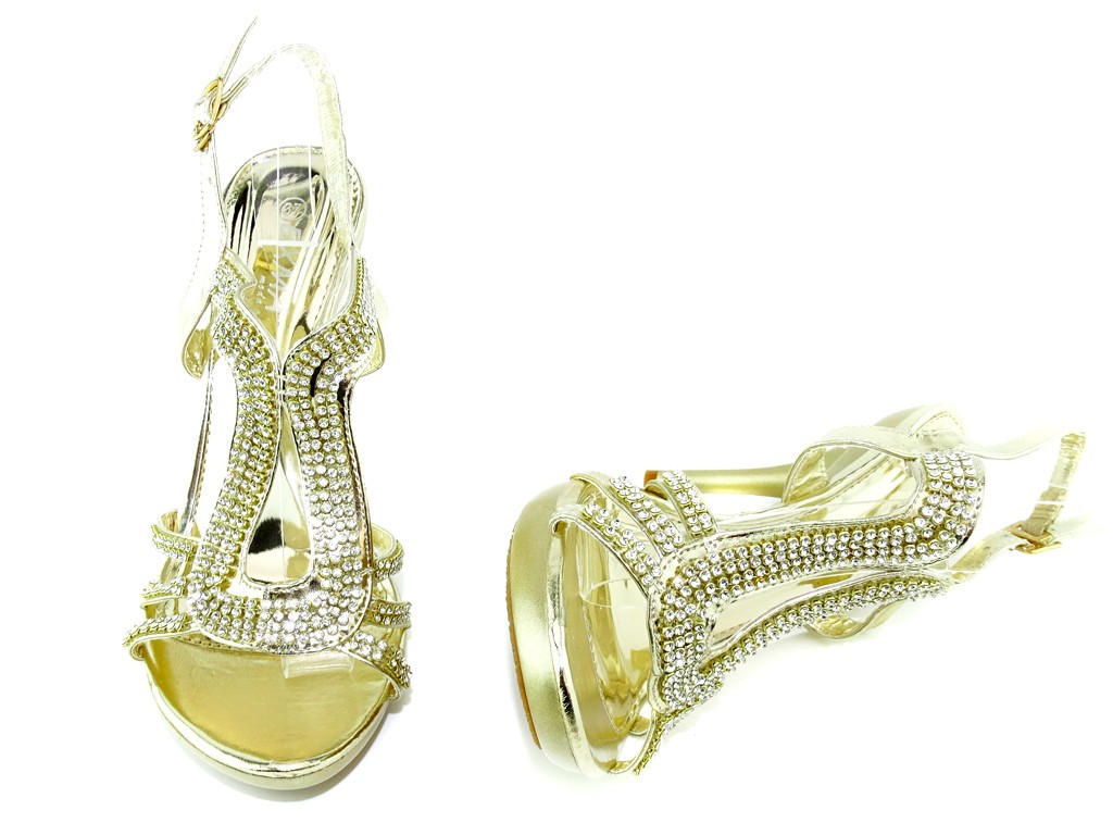 Zelta stiletto sandales ar cirkoniem - 5