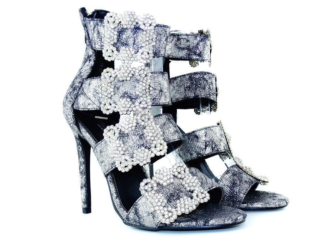 Silberne Damen Stiletto Sandalen mit Schaft - 2