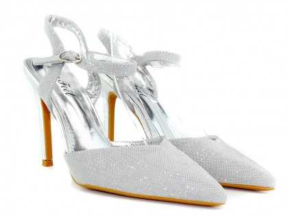 Pantofi stiletto argintii strălucitori cu curea - 2