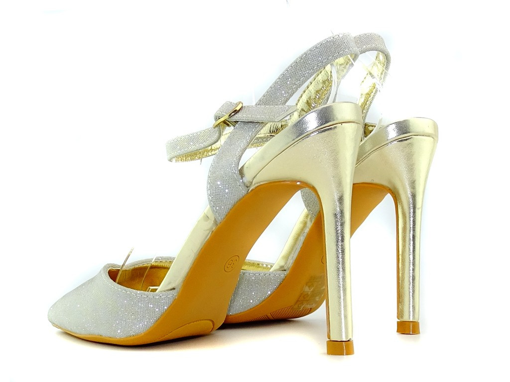 Pantofi stiletto aurii strălucitori cu curea - 4