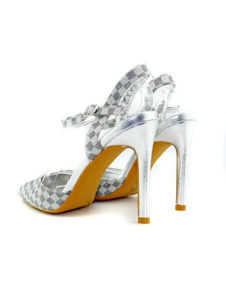 Stilettos cu sclipici argintiu și curea peplum - 4