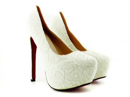 Pantofi stiletto cu platformă din dantelă albă ecru - 2