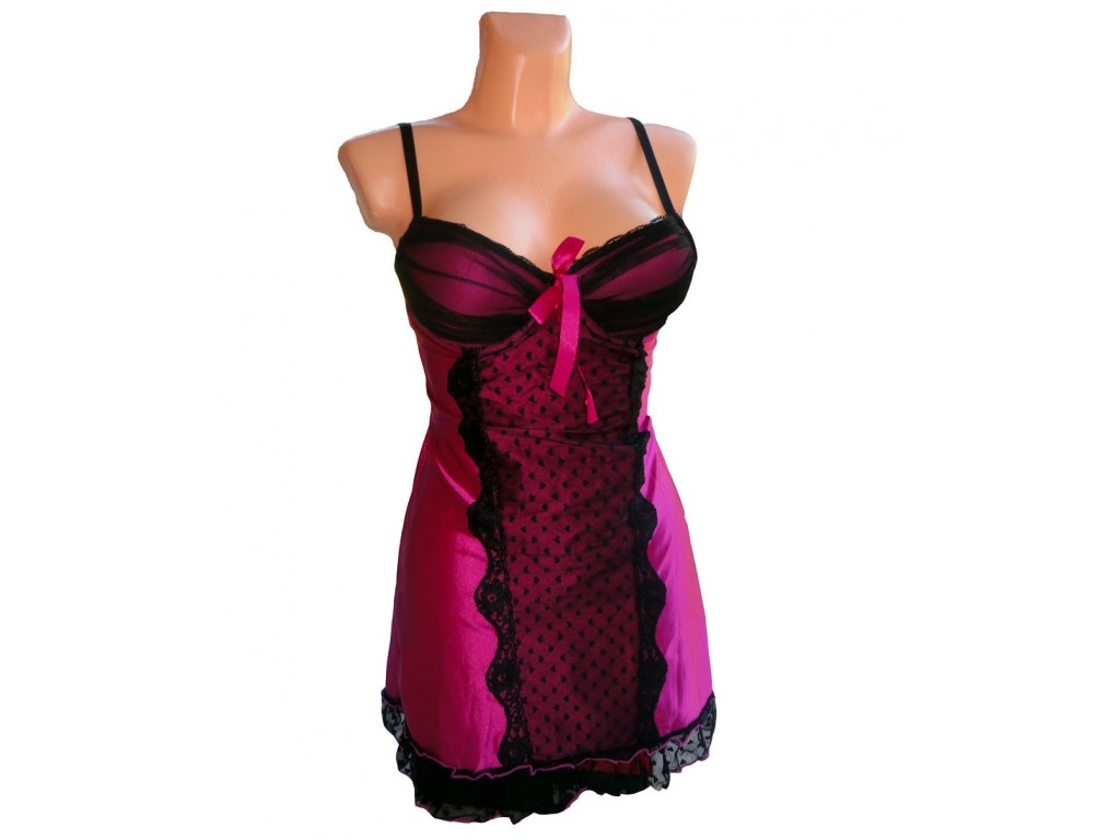 CHEMISE DE NUIT EN SATIN 2 DENTELLES ROSES - 1