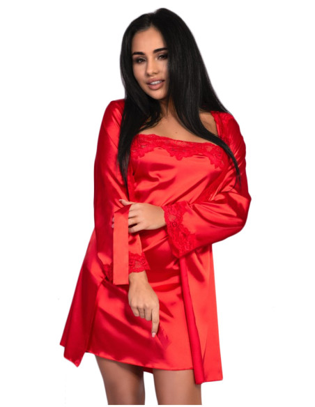 Súprava červenej saténovej košieľky a županu - 1