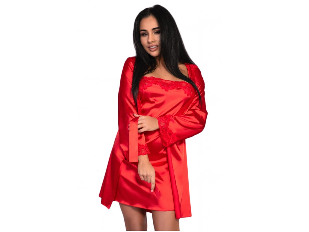 Ensemble chemise et robe de chambre en satin rouge - 1