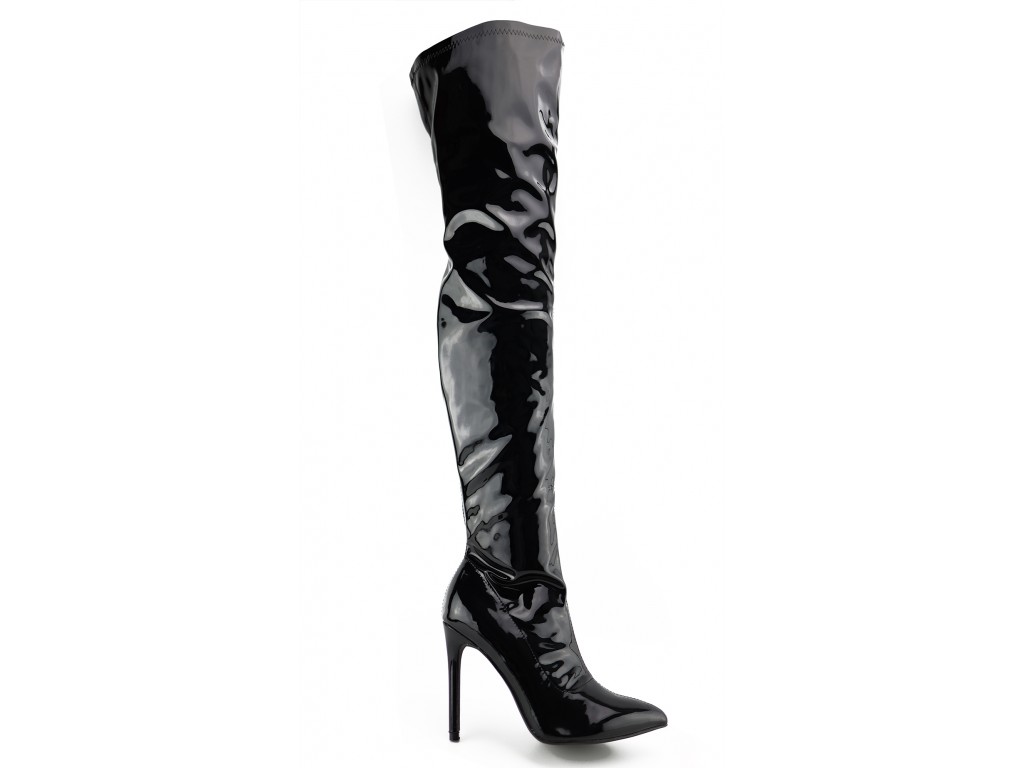 Black long eco leather lacquer boots - 1