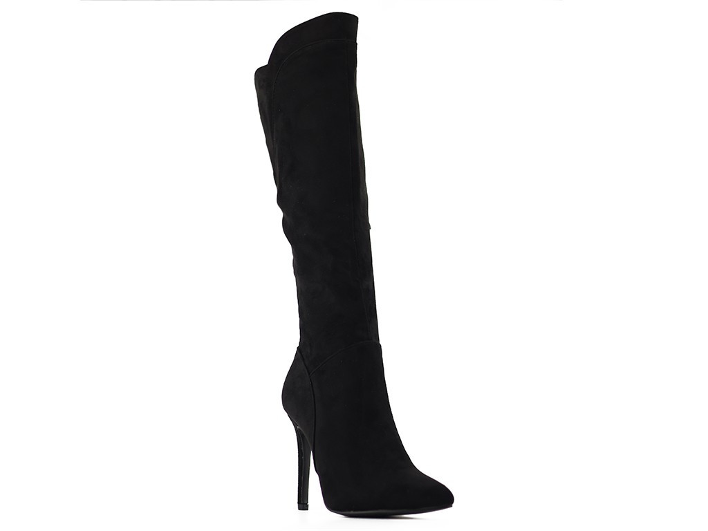 Cizme negre cu toc stiletto pentru femei cu tocuri înalte din piele de căprioară - 2