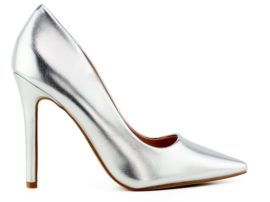 Pantofi stiletto pentru femei din piele ecologică argintie - 1