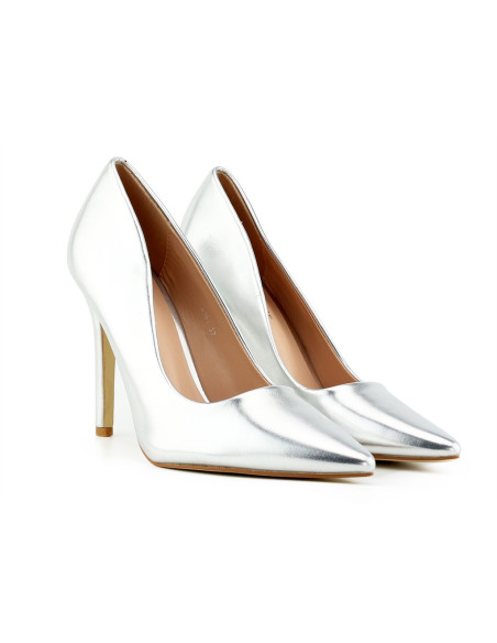 Pantofi stiletto pentru femei din piele ecologică argintie - 2