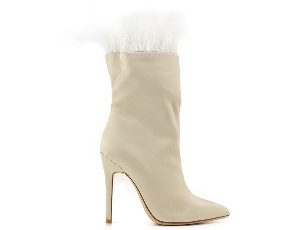 Bottes à talon aiguille pour femmes, de couleur beige, avec plumes - 1