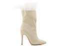 Beige women's stiletto heeled boots with feathers - 1