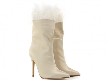 Beige women's stiletto heeled boots with feathers - 2