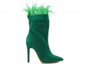 Green women's stiletto heeled boots with feathers - 1