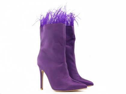 Purple women's stiletto heeled boots with feathers - 2