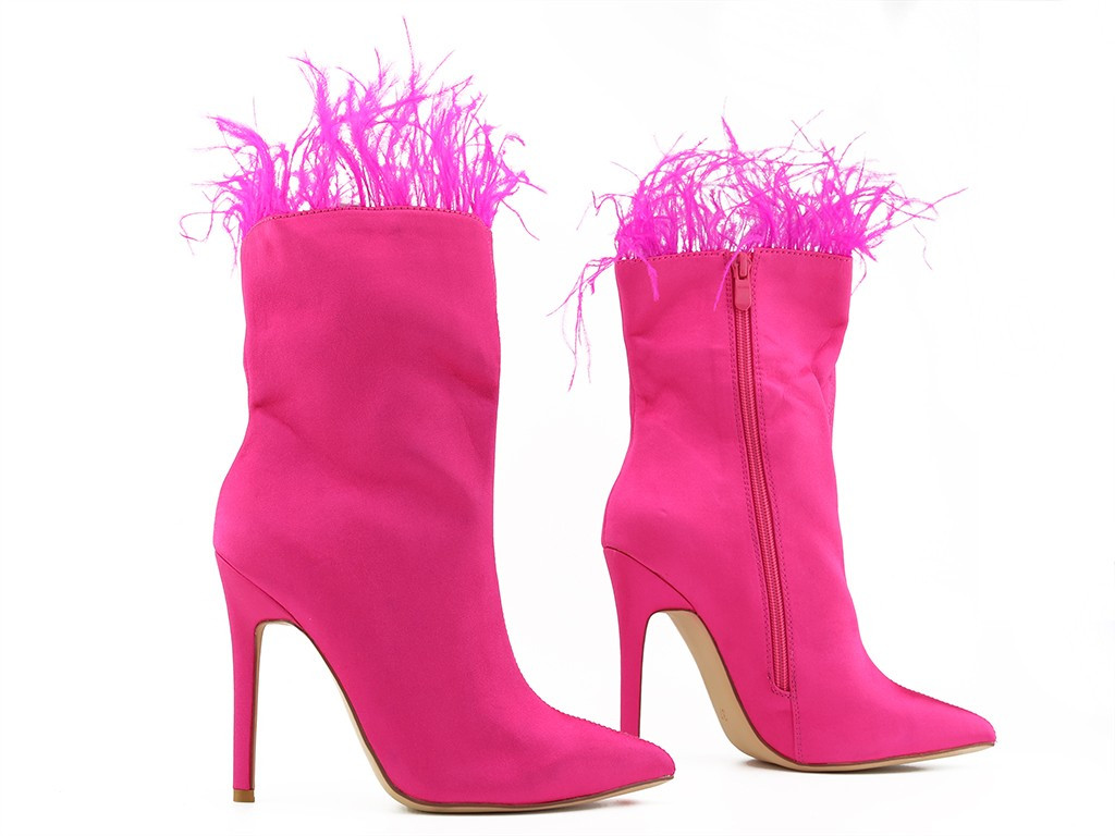 Bottes à talons aiguilles roses pour femmes avec plumes - 3