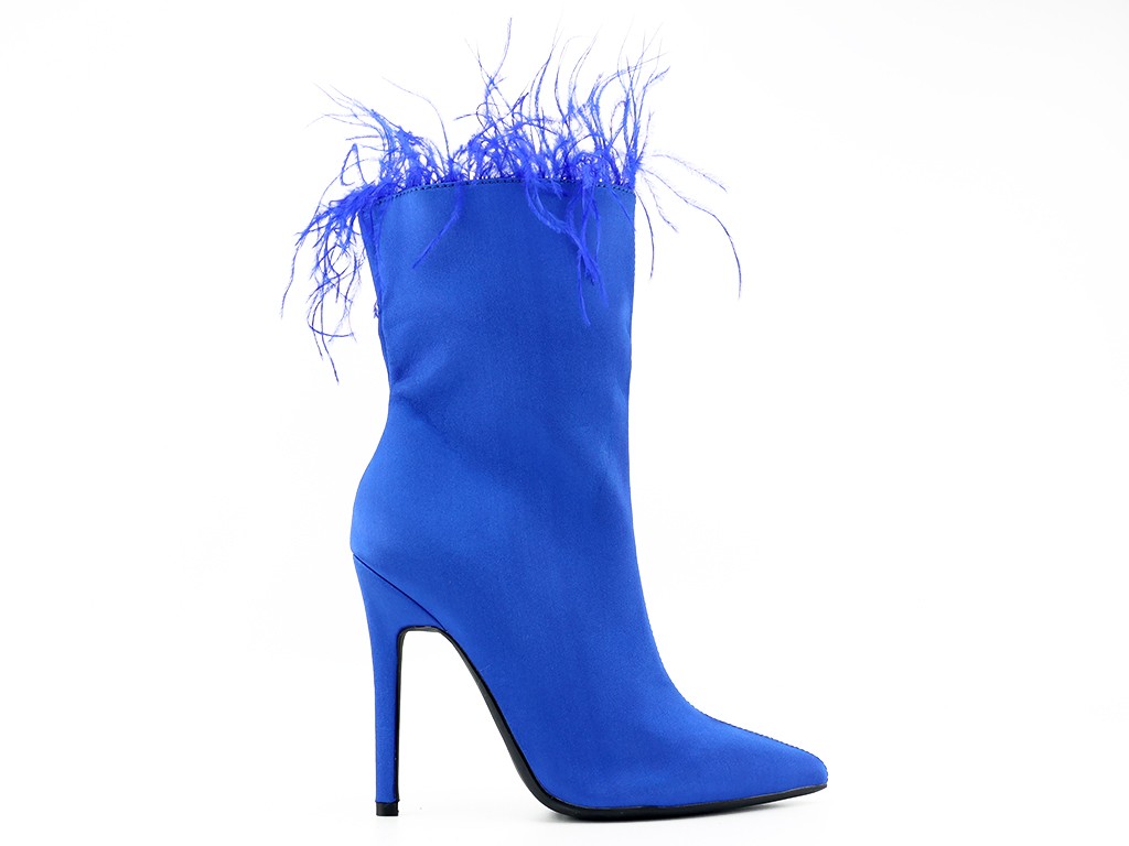 Blue women's stiletto heeled boots with feathers - 1