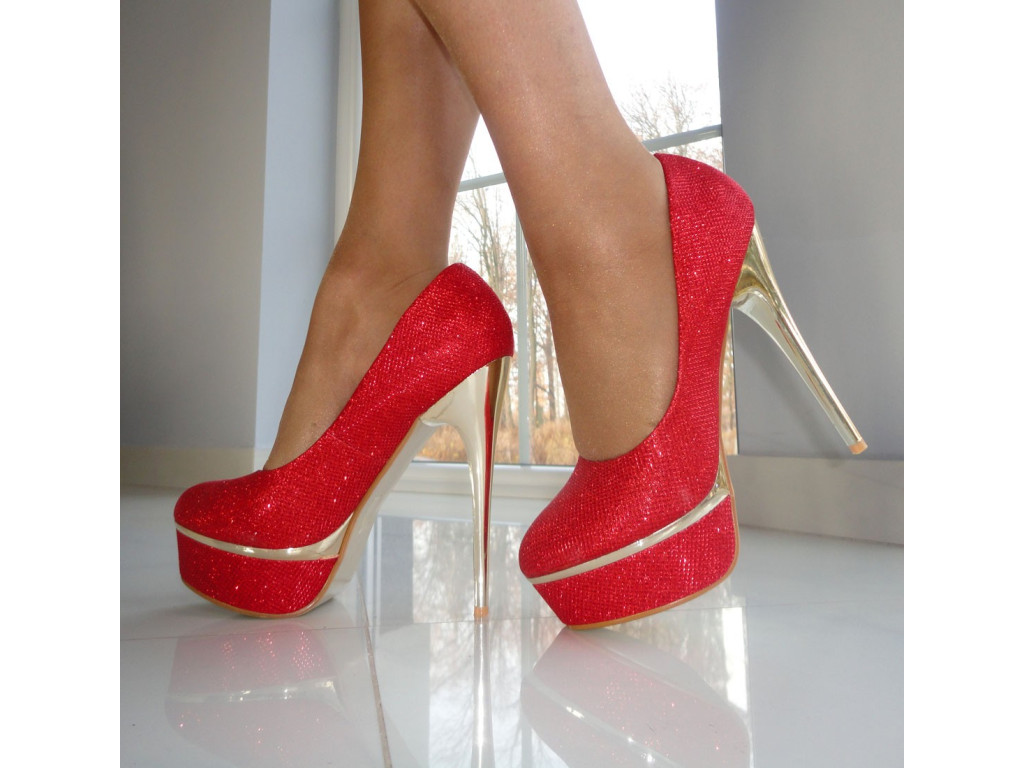 SZPILKI CZERWONE RED BROKATOWE PLATFORMA