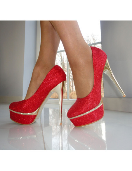 SZPILKI CZERWONE RED BROKATOWE PLATFORMA