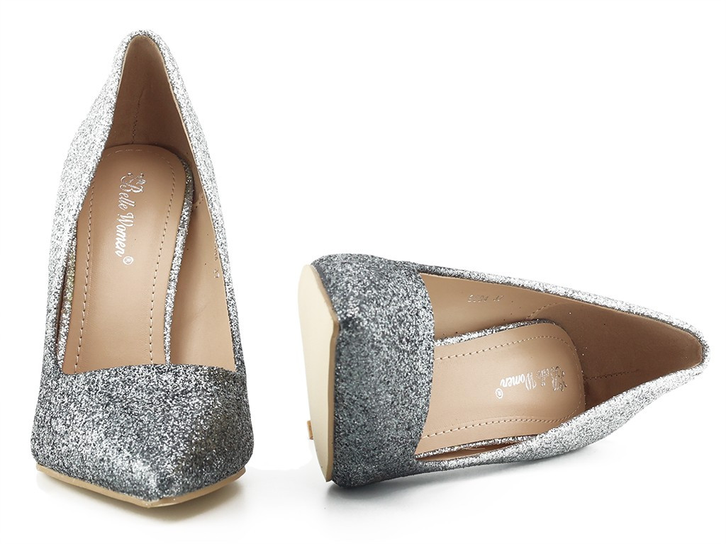 Stilettos de damă din brocart negru și argintiu - 5