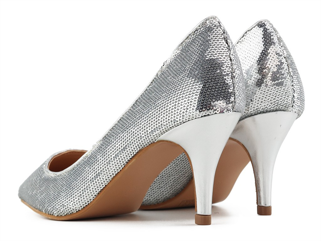 Tocuri stiletto joase argintii pentru femei cu paiete - 4