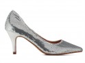 Сріблясті жіночі туфлі на низьких підборах з блискітками - 1