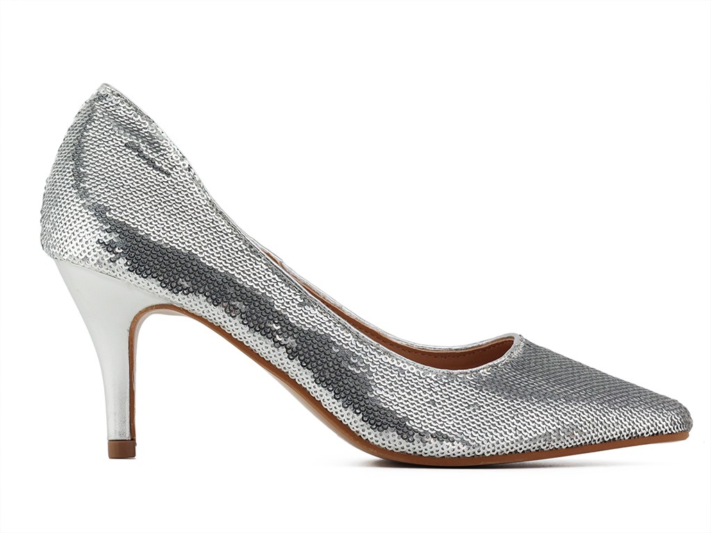 Ezüst alacsony tűsarkú cipő nőknek flitterekkel - 1