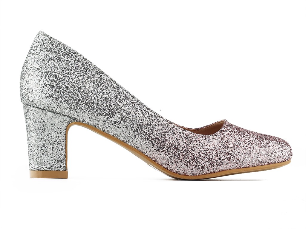 Pantofi de damă cu sclipici argintiu și roz - 1
