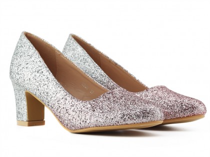 Pantofi de damă cu sclipici argintiu și roz - 2