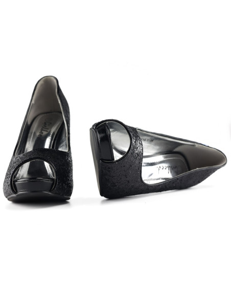 Czarne szpilki damskie na platformie błyszczące brokatowe