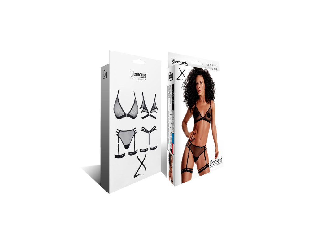Schwarzes Netz-Dessous-Set mit Trägern und Strumpfhaltern S–XXL