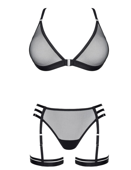 Schwarzes Netz-Dessous-Set mit Trägern und Strumpfhaltern S–XXL
