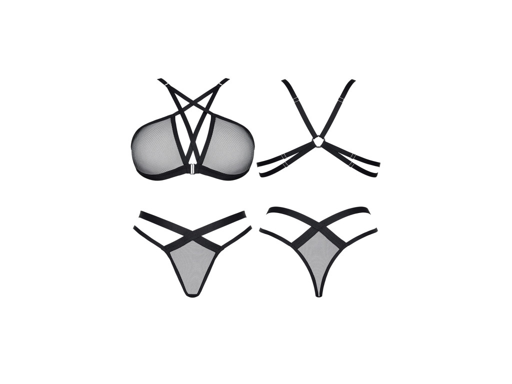 Black mesh lingerie set with straps and decorative bra S–XXL