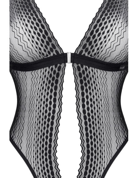 Black lace and strap bodysuit with open bottom, adjustable S–L