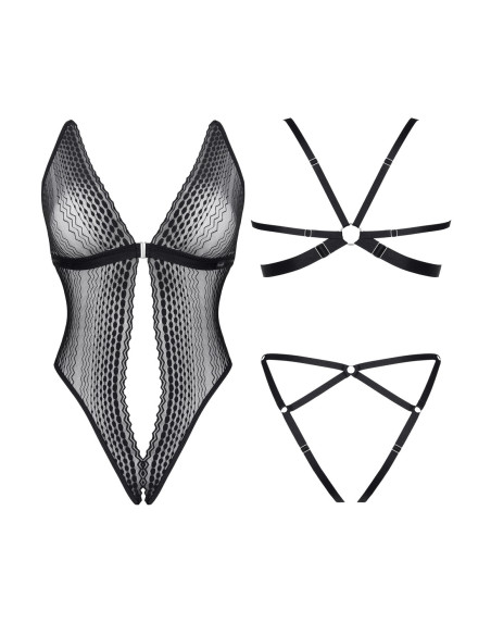 Black lace and strap bodysuit with open bottom, adjustable S–L
