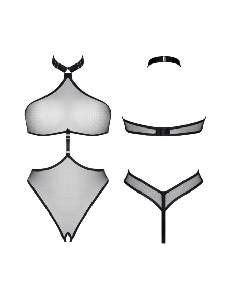 Body noir en maille transparente avec ouverture en bas et réglage S–XXL