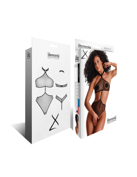 Black transparent mesh bodysuit open bottom with adjustment S–XXL