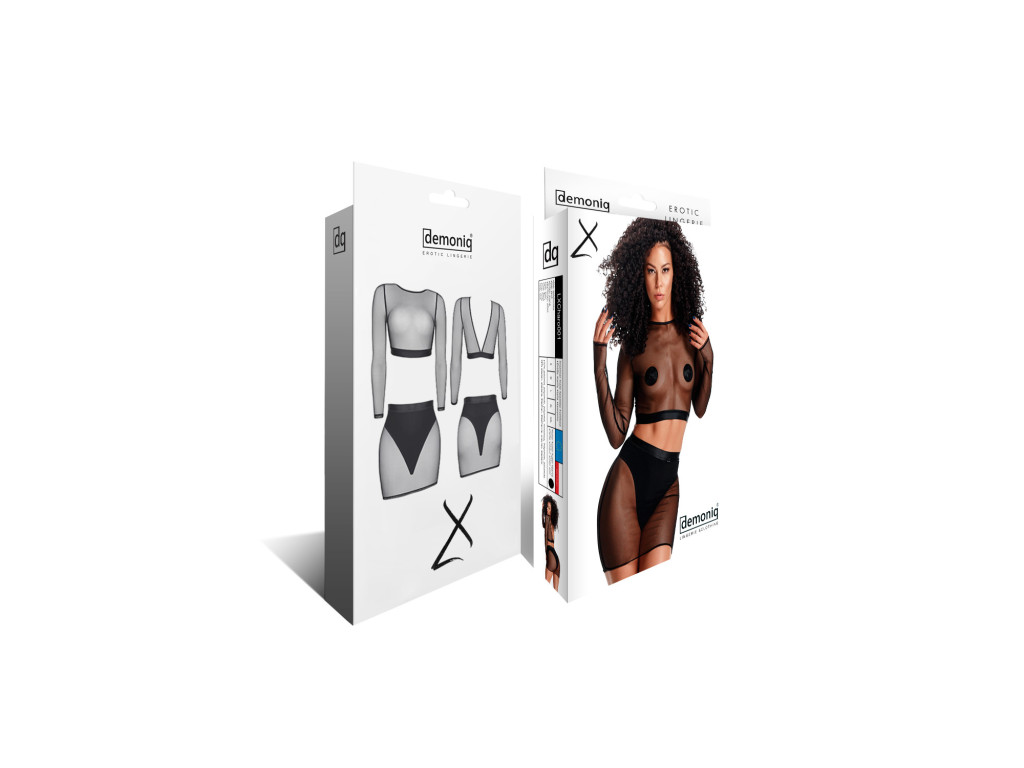 Set fustă și top cu mânecă lungă din plasă neagră, mărimi S–XXL
