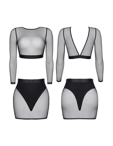 Ensemble haut à manches longues et jupe en maille noire S–XXL