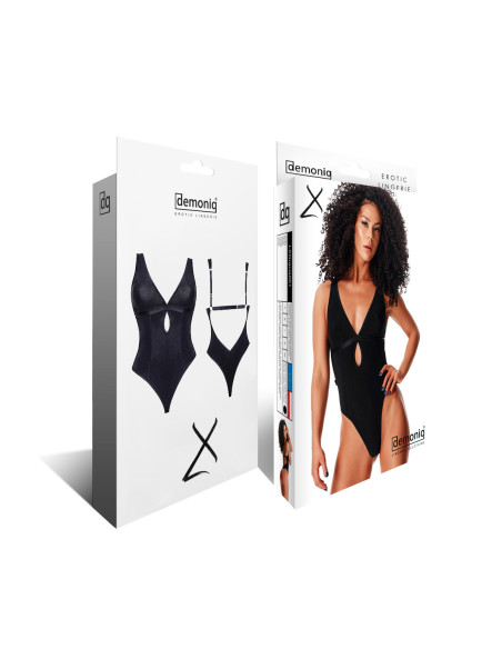 Black bodysuit with elastic material and deep neckline S–XXL