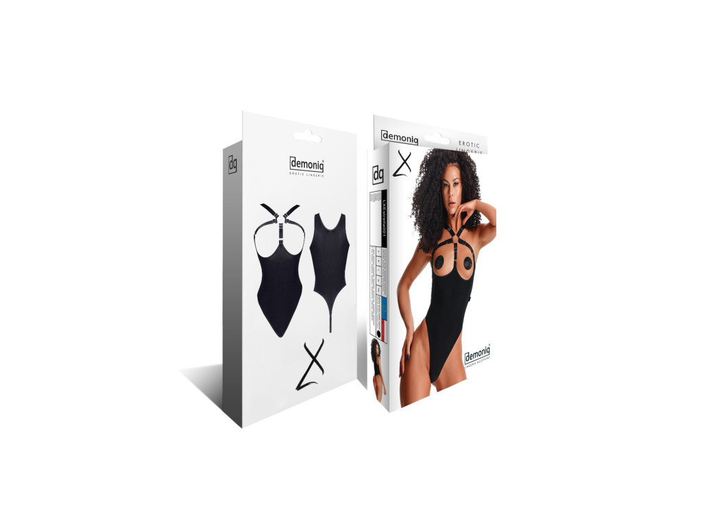 Black bodysuit with straps on the chest and high cut S–XXL