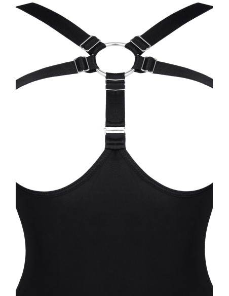 Black bodysuit with straps on the chest and high cut S–XXL