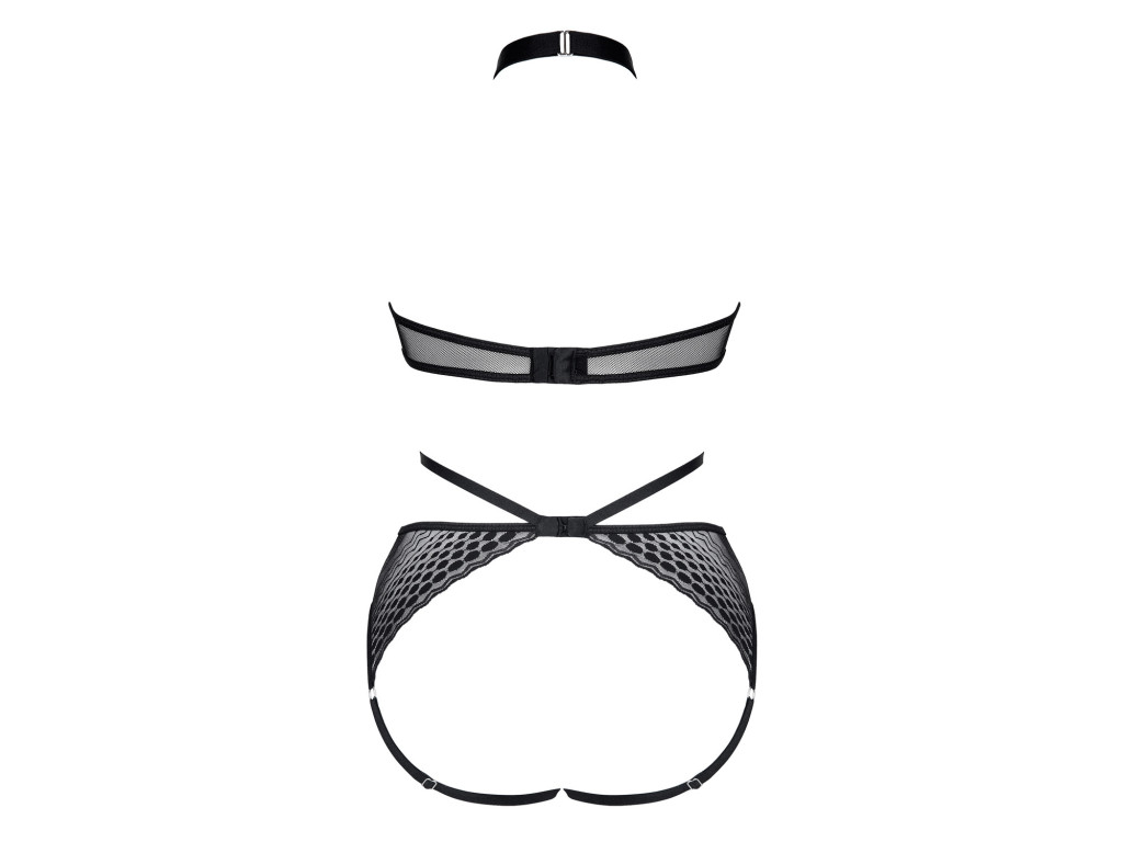 Body negru transparent din plasă cu bretele și decolteu din dantelă